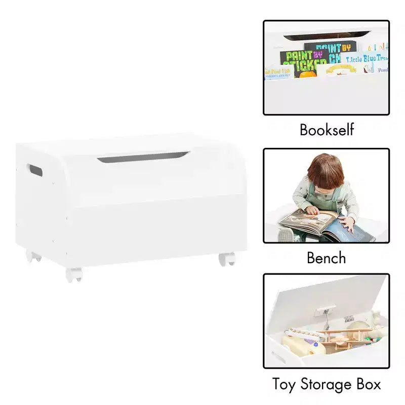 Whisen Wooden Toy Box, Kids Toy Storage Organizer with Front Bookshelf, Flip-Top Lid, Safety Hinge