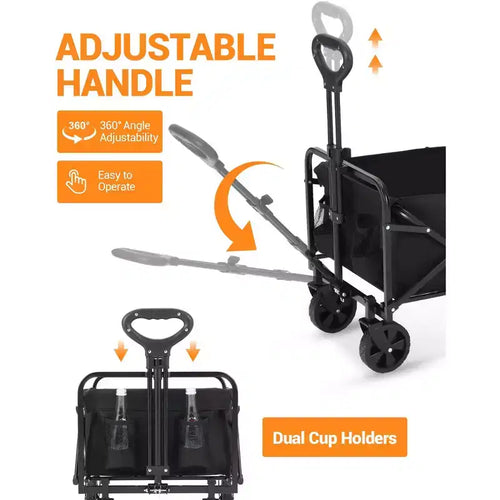 360 lbs heavy duty foldable four wheel cart, multifunctional cart with drink holder, steel frame and waterproof fabric, suitable for kitchen, camping