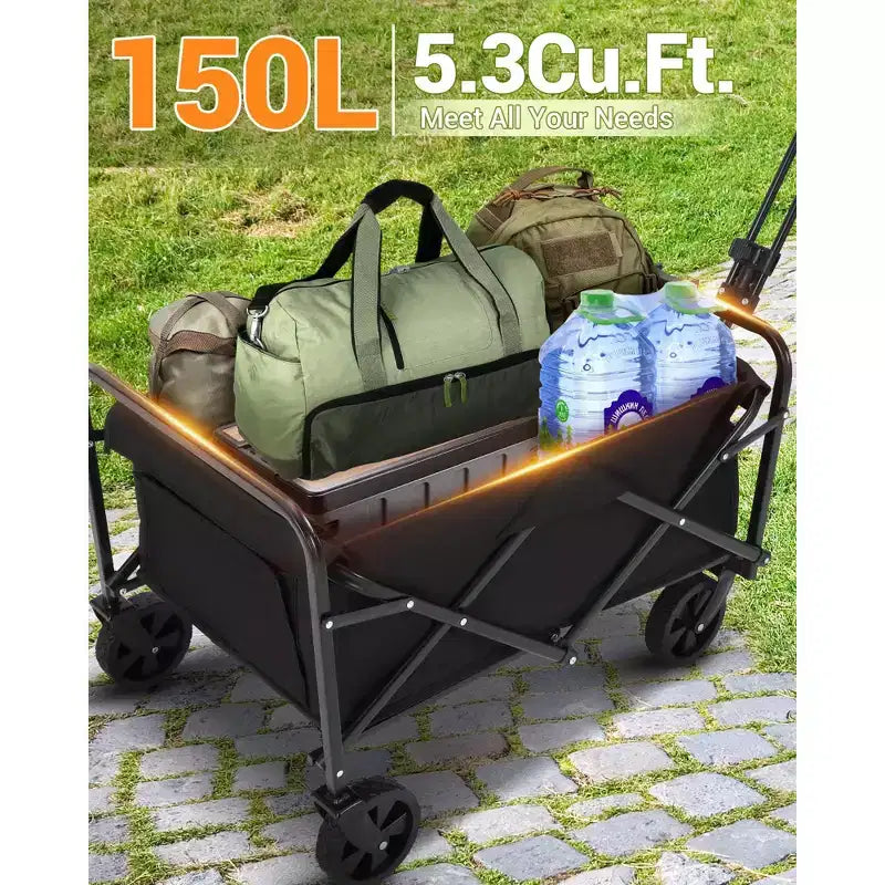 360 lbs heavy duty foldable four wheel cart, multifunctional cart with drink holder, steel frame and waterproof fabric, suitable for kitchen, camping