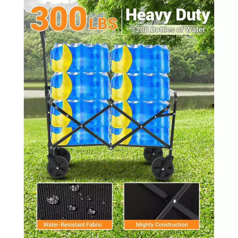 360 lbs heavy duty foldable four wheel cart, multifunctional cart with drink holder, steel frame and waterproof fabric, suitable for kitchen, camping