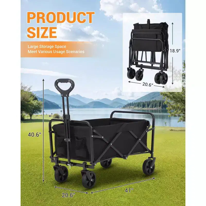 360 lbs heavy duty foldable four wheel cart, multifunctional cart with drink holder, steel frame and waterproof fabric, suitable for kitchen, camping