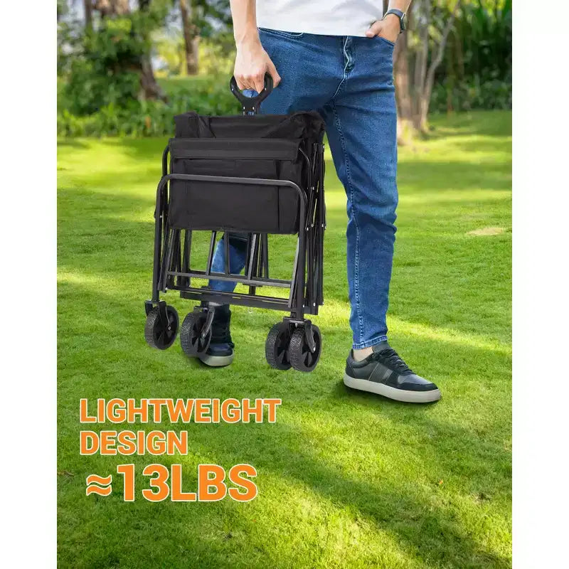 360 lbs heavy duty foldable four wheel cart, multifunctional cart with drink holder, steel frame and waterproof fabric, suitable for kitchen, camping