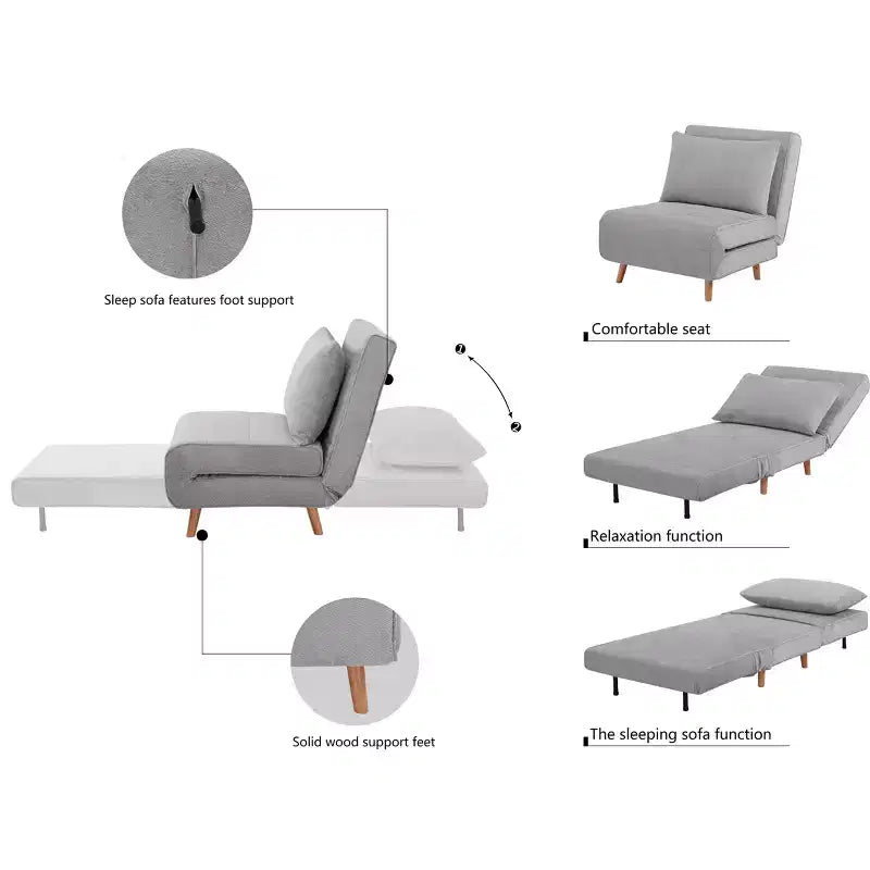 GDFStudio Rafael Modern Foldable Convertible Chenille Upholstered Chair Bed with Adjustable Backrest and Pillow