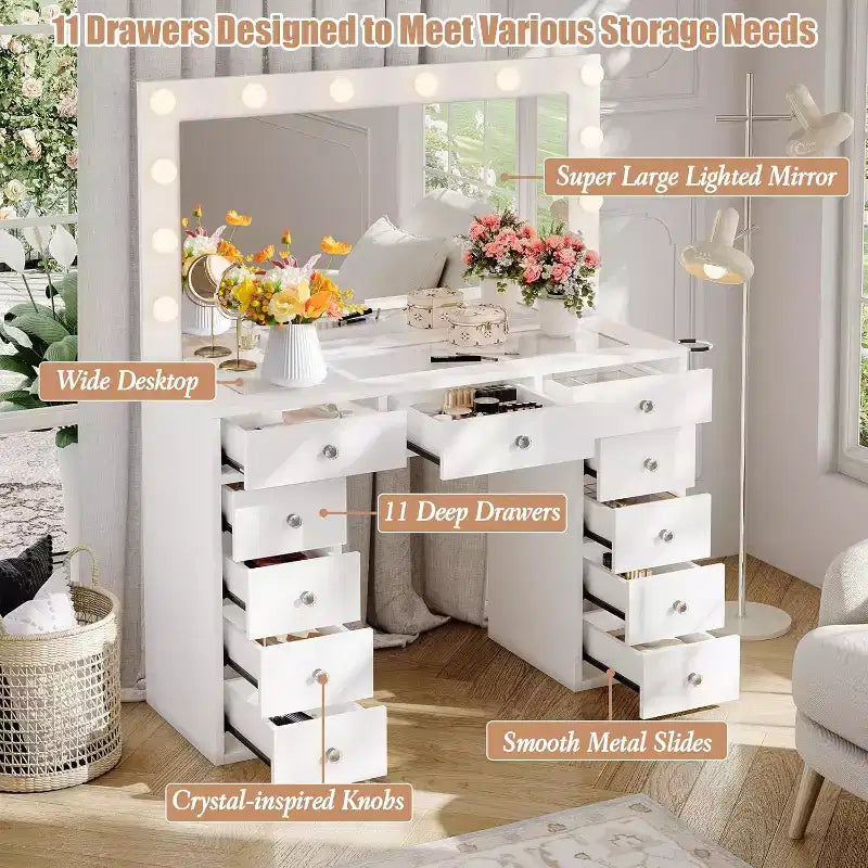 Vanity Desk with Power Outlet & 12 LED Lighted Mirror - 11 Drawers 45 Glass Top Makeup Vanity with 3 Lighting Modes