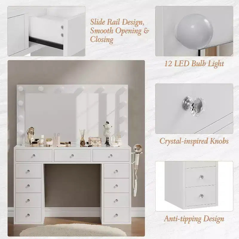 Vanity Desk with Power Outlet & 12 LED Lighted Mirror - 11 Drawers 45 Glass Top Makeup Vanity with 3 Lighting Modes