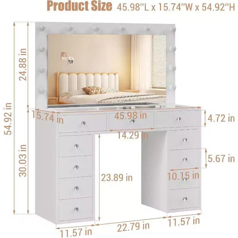 Vanity Desk with Power Outlet & 12 LED Lighted Mirror - 11 Drawers 45 Glass Top Makeup Vanity with 3 Lighting Modes