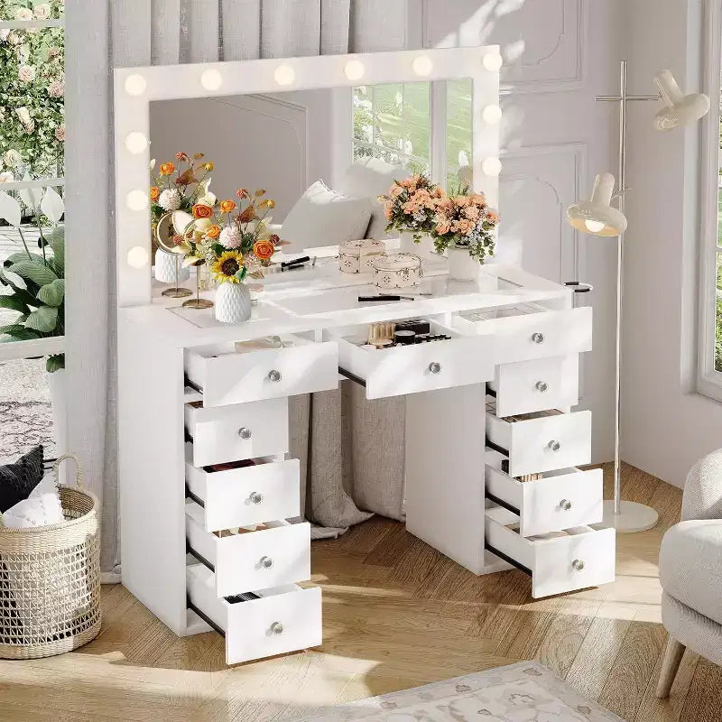 Vanity Desk with Power Outlet & 12 LED Lighted Mirror - 11 Drawers 45 Glass Top Makeup Vanity with 3 Lighting Modes