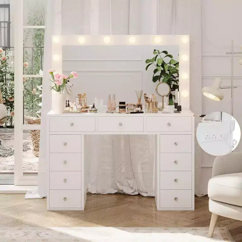 Vanity Desk with Power Outlet & 12 LED Lighted Mirror - 11 Drawers 45 Glass Top Makeup Vanity with 3 Lighting Modes