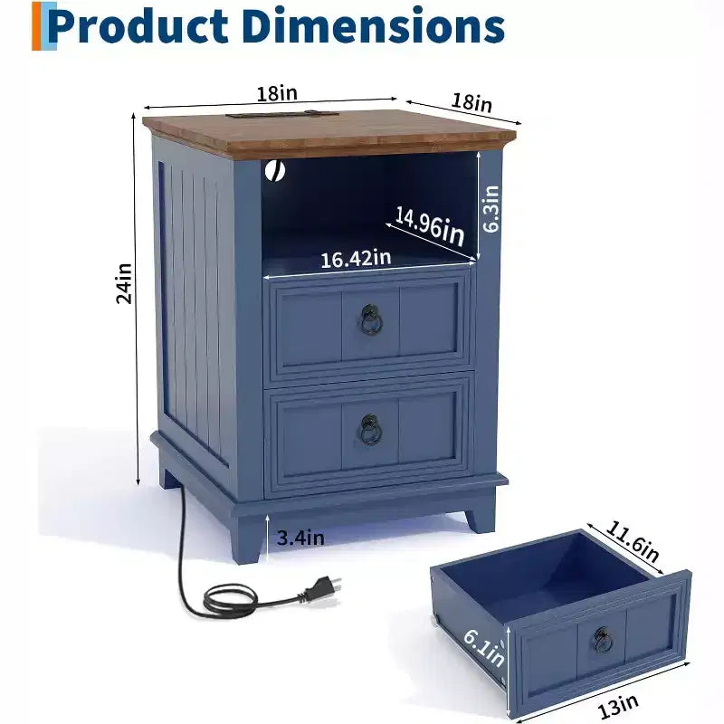 Compact Wooden End Table Small Bedside Table,Nightstand Set of 2 with Charging Station, 2 Drawers for Bedroom Living Room, Blue
