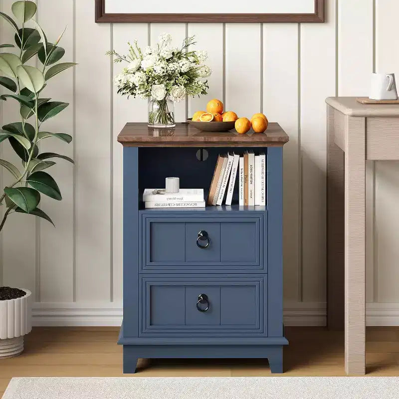 Compact Wooden End Table Small Bedside Table,Nightstand Set of 2 with Charging Station, 2 Drawers for Bedroom Living Room, Blue
