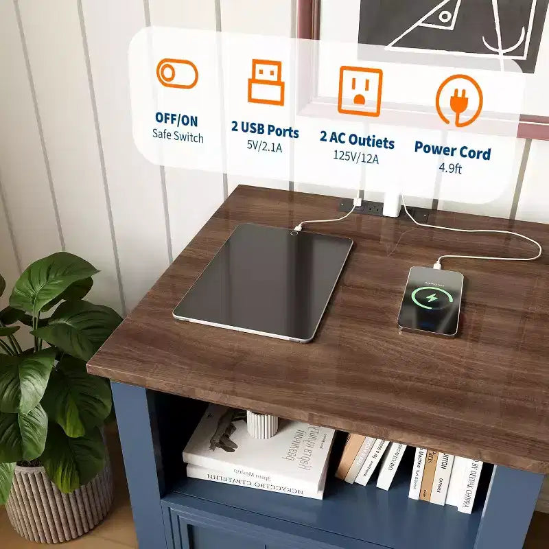 Compact Wooden End Table Small Bedside Table,Nightstand Set of 2 with Charging Station, 2 Drawers for Bedroom Living Room, Blue