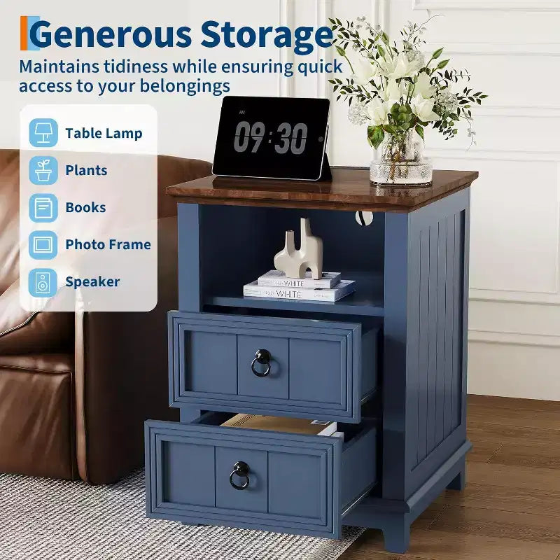 Compact Wooden End Table Small Bedside Table,Nightstand Set of 2 with Charging Station, 2 Drawers for Bedroom Living Room, Blue