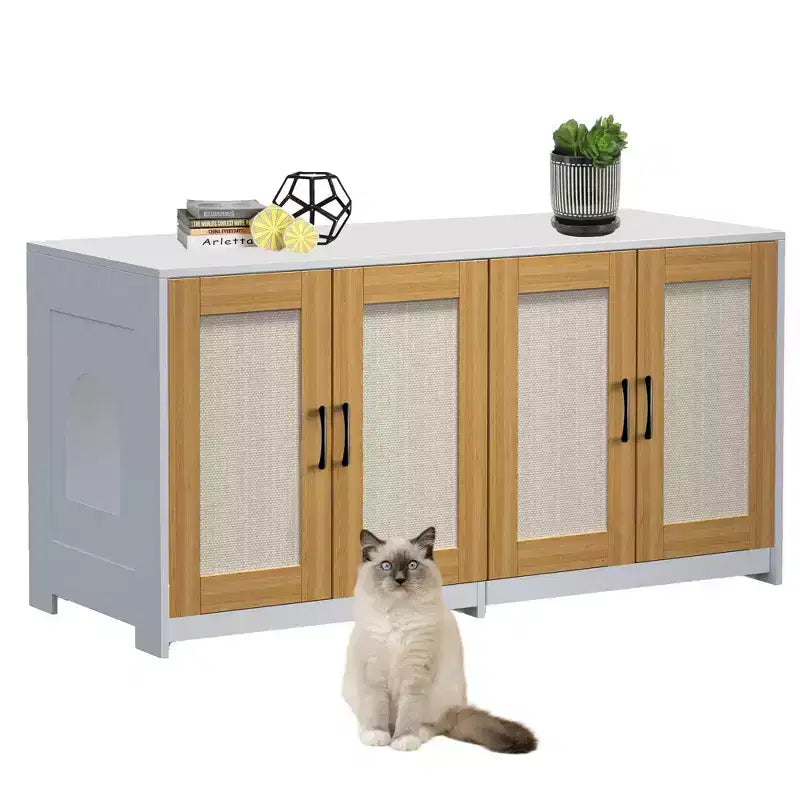 Indoor Cat House TV Stand Side Table Wooden Hidden Litter Box Furniture with Storage Includes Scratching Board Indoor Cat House TV Stand Side Table