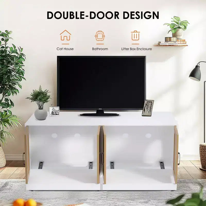 Indoor Cat House TV Stand Side Table Wooden Hidden Litter Box Furniture with Storage Includes Scratching Board Indoor Cat House TV Stand Side Table