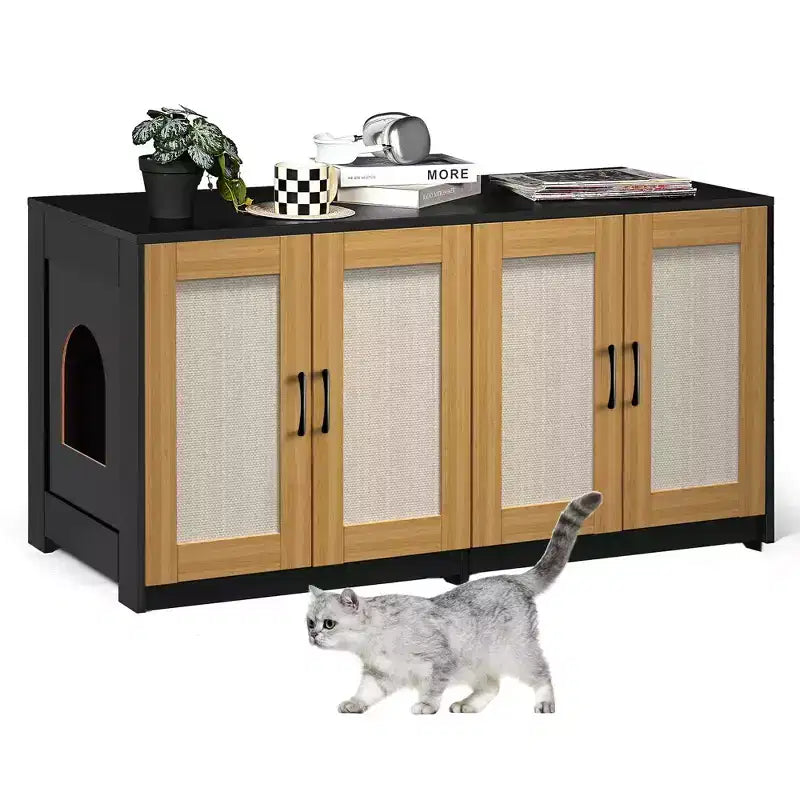 Indoor Cat House TV Stand Side Table Wooden Hidden Litter Box Furniture with Storage Includes Scratching Board Indoor Cat House TV Stand Side Table