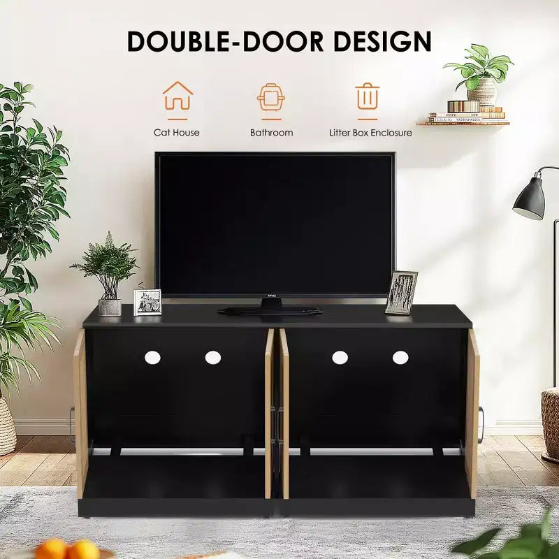 Indoor Cat House TV Stand Side Table Wooden Hidden Litter Box Furniture with Storage Includes Scratching Board Indoor Cat House TV Stand Side Table
