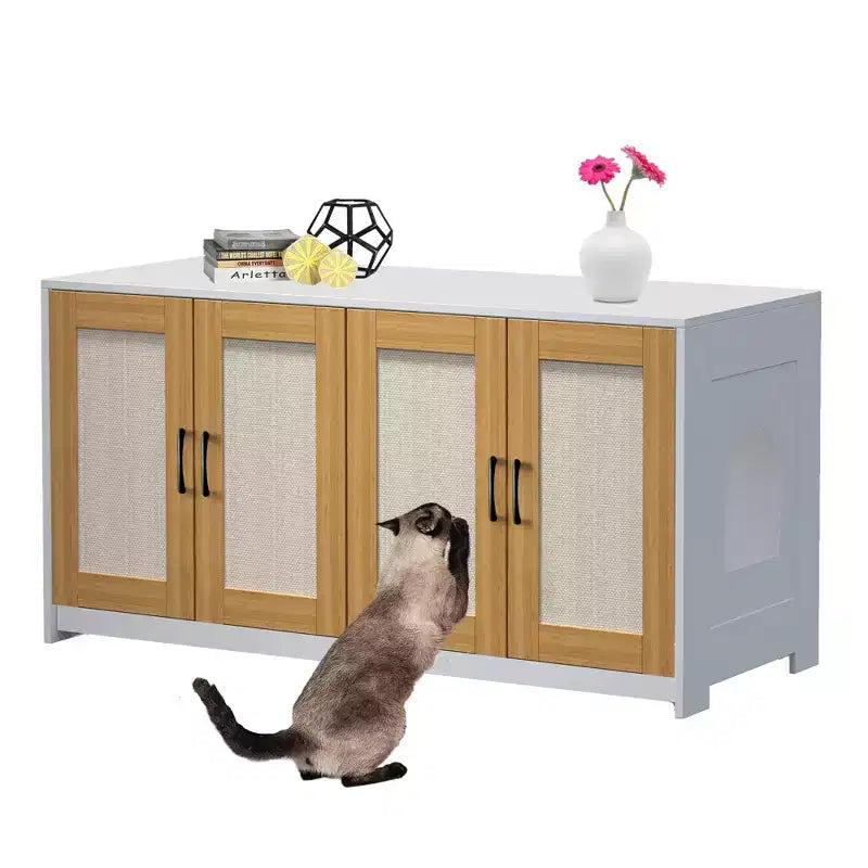 Indoor Cat House TV Stand Side Table Wooden Hidden Litter Box Furniture with Storage Includes Scratching Board Indoor Cat House TV Stand Side Table