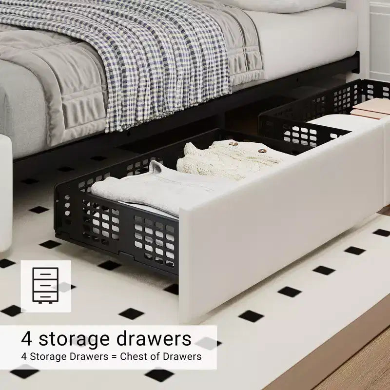 Full-size bed frame with 4 storage drawers, headboard, linen upholstery, diamond-stitched button tufting, no spring mattress required.