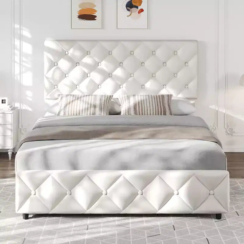 Full-size bed frame with 4 storage drawers, headboard, linen upholstery, diamond-stitched button tufting, no spring mattress required.