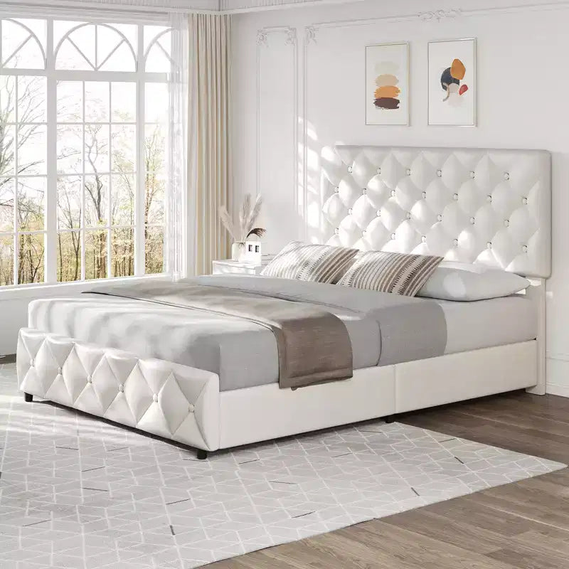 Full-size bed frame with 4 storage drawers, headboard, linen upholstery, diamond-stitched button tufting, no spring mattress required.