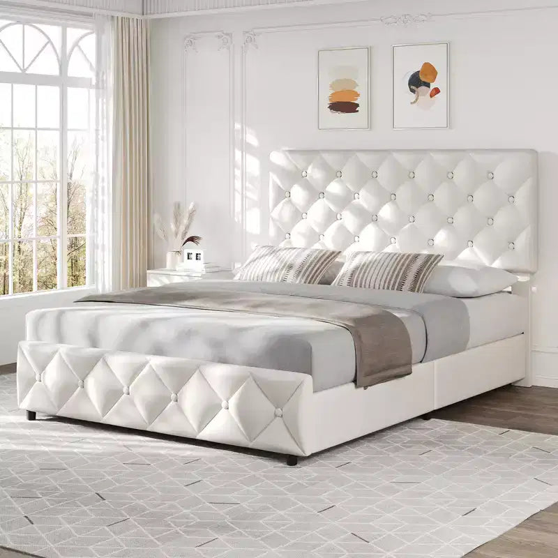 Full-size bed frame with 4 storage drawers, headboard, linen upholstery, diamond-stitched button tufting, no spring mattress required.