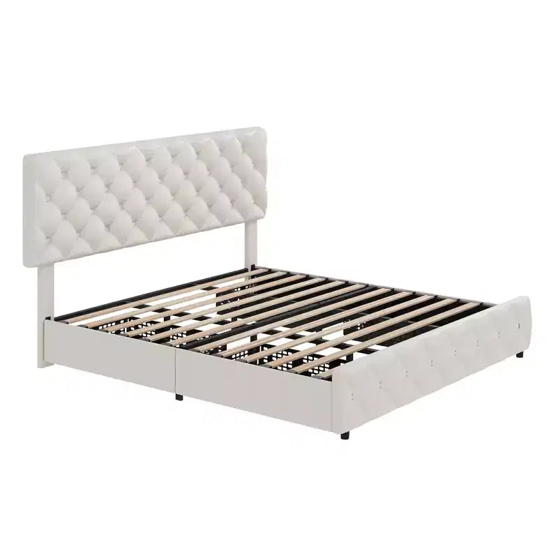 Full-size bed frame with 4 storage drawers, headboard, linen upholstery, diamond-stitched button tufting, no spring mattress required.