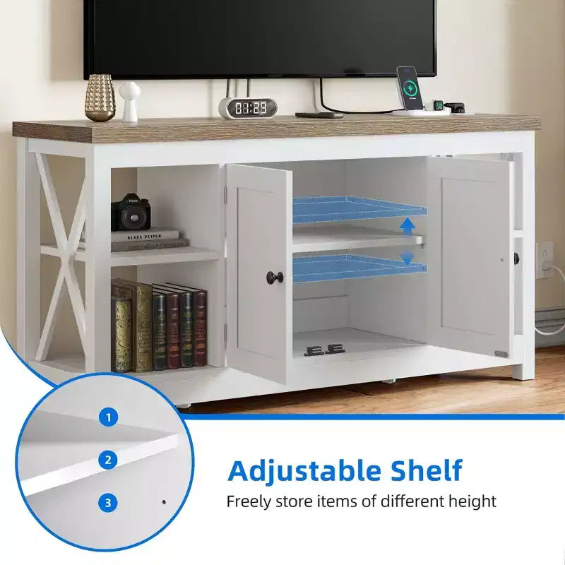 Farmhouse TV Stand for 55 Inch TV, Entertainment Center with Power Outlet & Adjustable Shelves, TV Media Console Table for Living Room