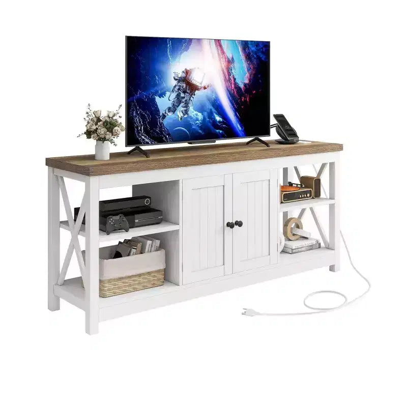 Farmhouse TV Stand for 55 Inch TV, Entertainment Center with Power Outlet & Adjustable Shelves, TV Media Console Table for Living Room
