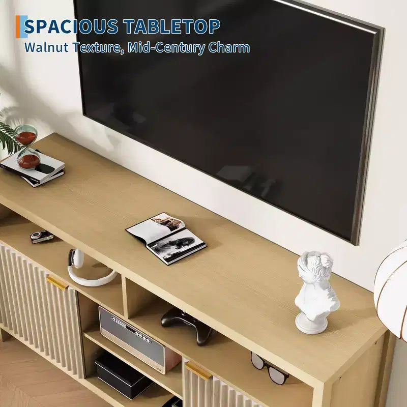 59 in Modern TV Stand for Living Room,Large Entertainment Center with Fluted Door & Open Shelves Wood Media Console Storage Cabinet for 55/60/65 in TV