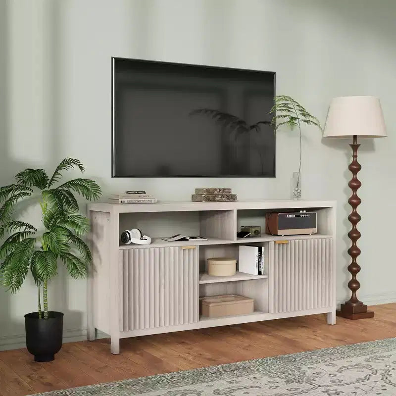 59 in Modern TV Stand for Living Room,Large Entertainment Center with Fluted Door & Open Shelves Wood Media Console Storage Cabinet for 55/60/65 in TV