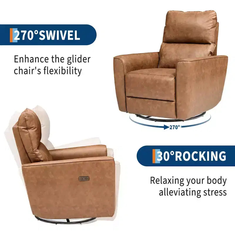 Oversized Power Swivel Recliner Chair, Upholstered Faux Leather Nursery Reclining Sofa, Rocker Single Sofa