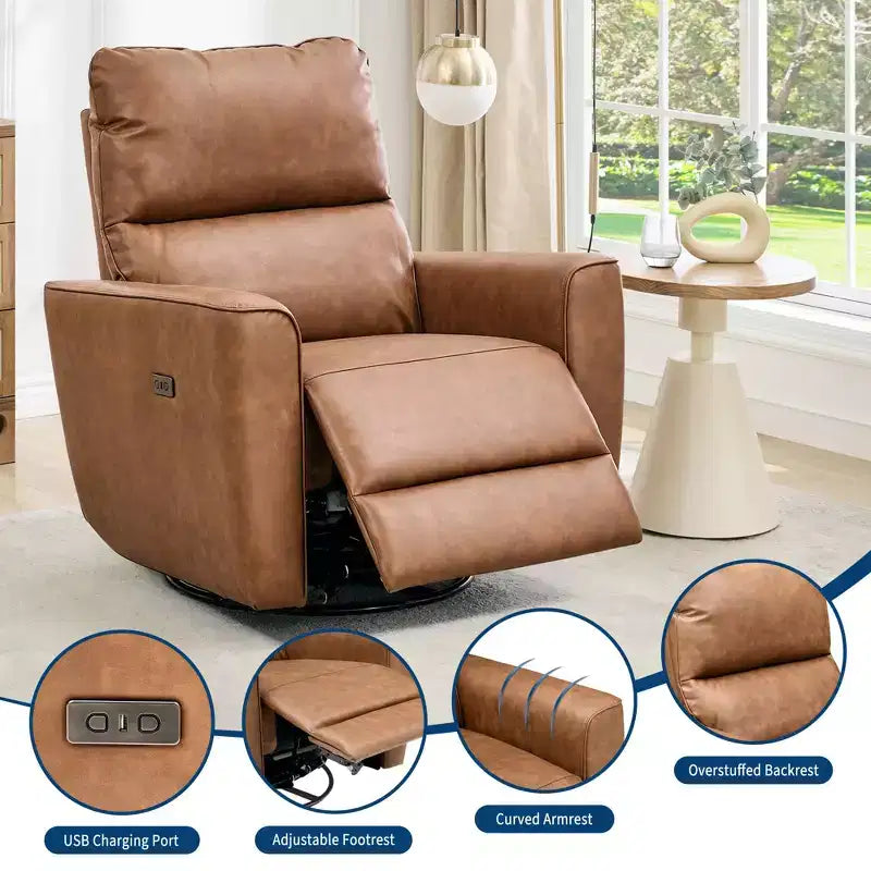 Oversized Power Swivel Recliner Chair, Upholstered Faux Leather Nursery Reclining Sofa, Rocker Single Sofa