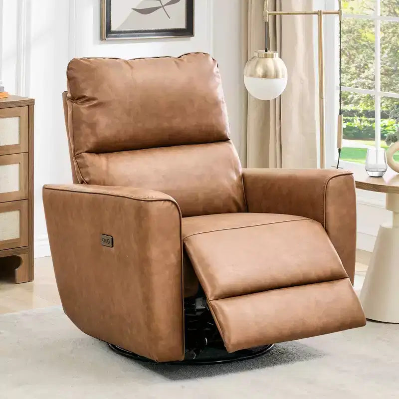 Oversized Power Swivel Recliner Chair, Upholstered Faux Leather Nursery Reclining Sofa, Rocker Single Sofa