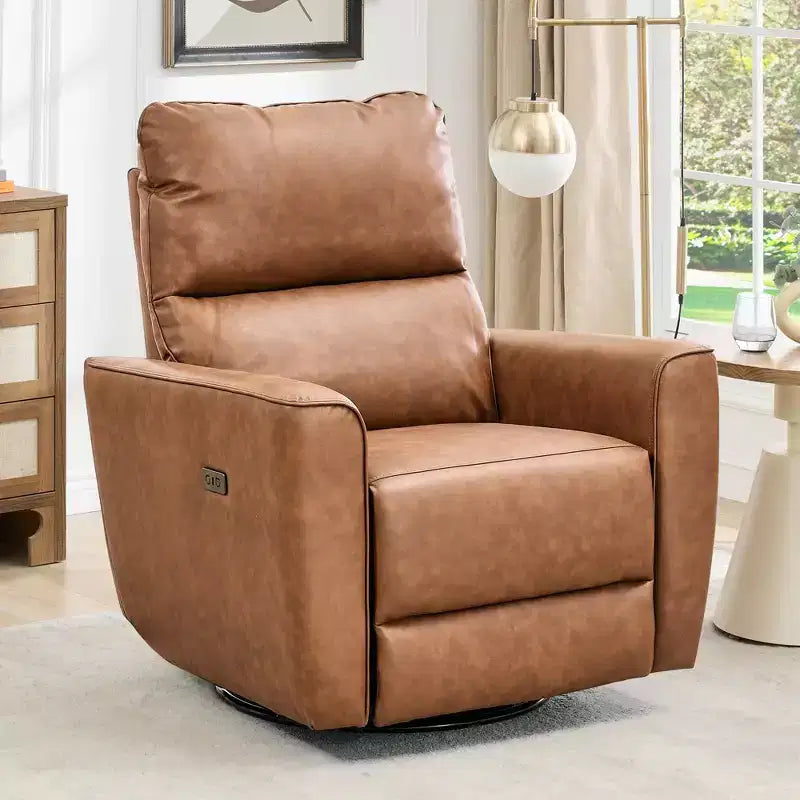 Oversized Power Swivel Recliner Chair, Upholstered Faux Leather Nursery Reclining Sofa, Rocker Single Sofa