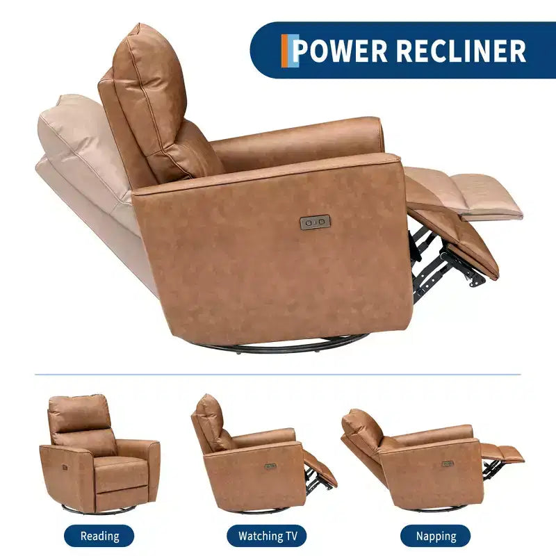 Oversized Power Swivel Recliner Chair, Upholstered Faux Leather Nursery Reclining Sofa, Rocker Single Sofa