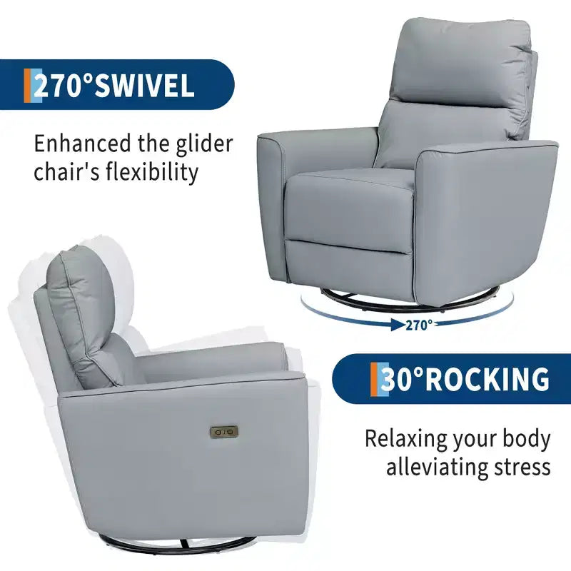 Oversized Power Swivel Recliner Chair, Upholstered Faux Leather Nursery Reclining Sofa, Rocker Single Sofa