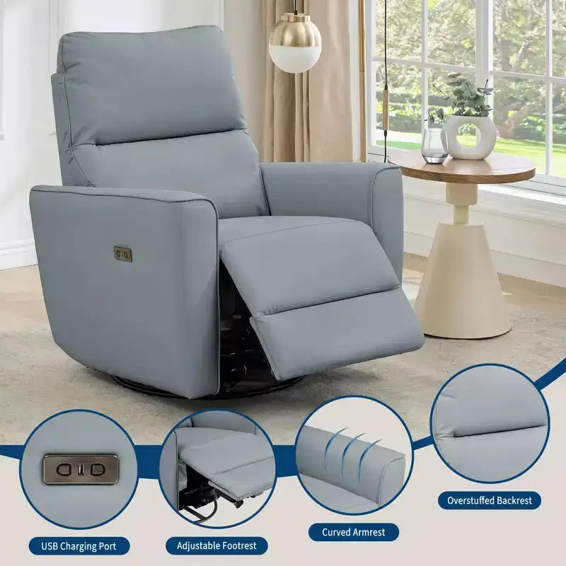 Oversized Power Swivel Recliner Chair, Upholstered Faux Leather Nursery Reclining Sofa, Rocker Single Sofa
