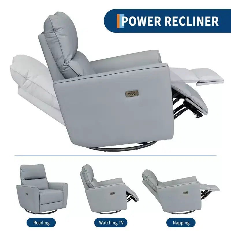 Oversized Power Swivel Recliner Chair, Upholstered Faux Leather Nursery Reclining Sofa, Rocker Single Sofa