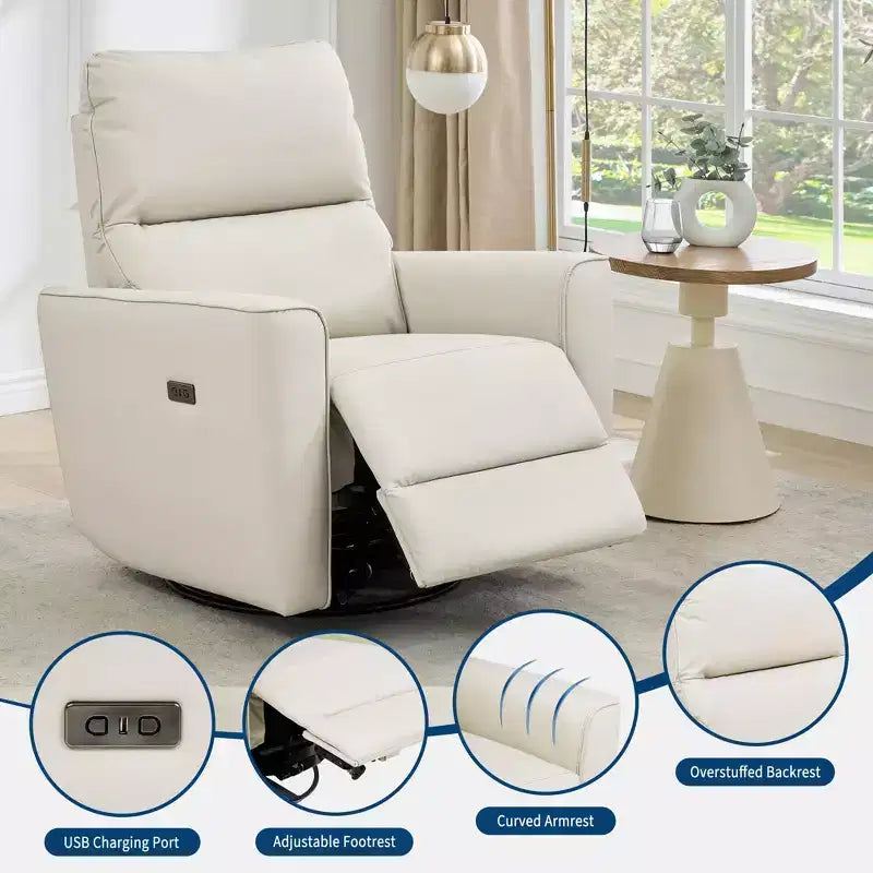 Oversized Power Swivel Recliner Chair, Upholstered Faux Leather Nursery Reclining Sofa, Rocker Single Sofa