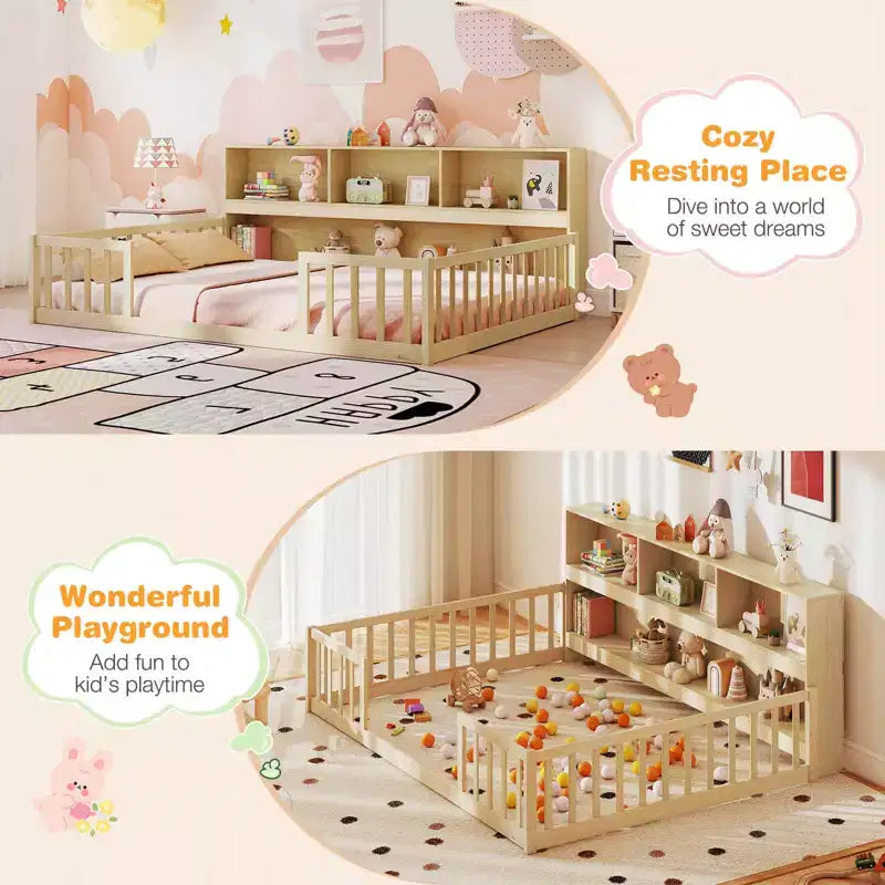 Costway Full Size Montessori Floor Bed with Bookcase Storage Shelves & Safety Fence Rails Pink/Natural/White/Gray
