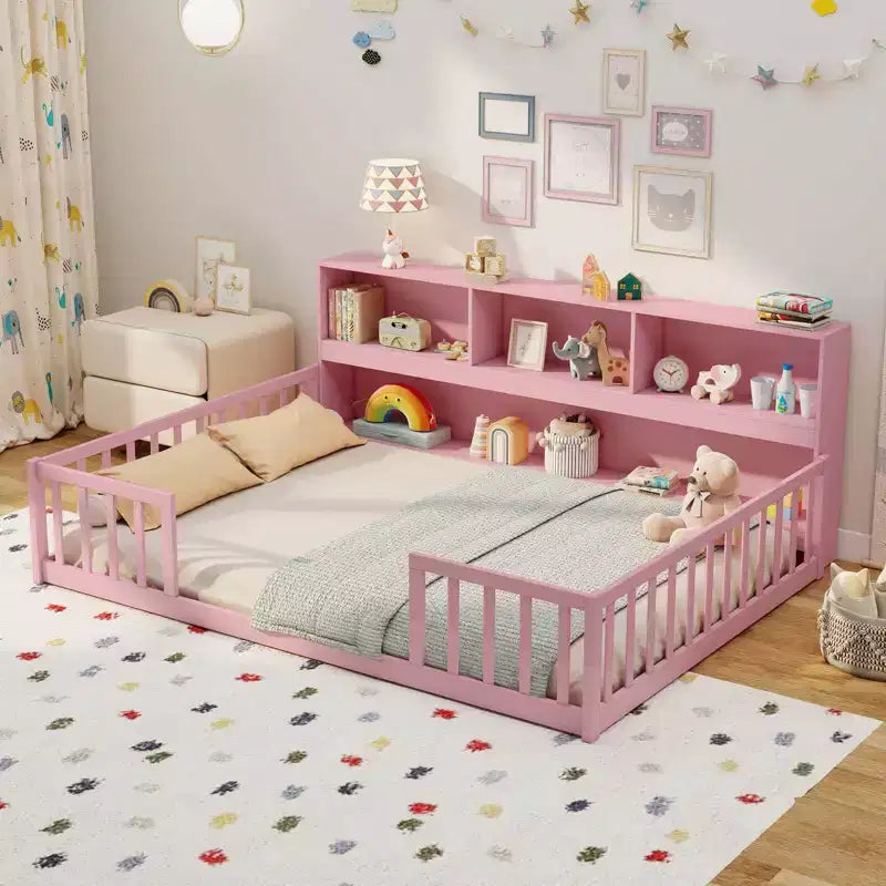 Costway Full Size Montessori Floor Bed with Bookcase Storage Shelves & Safety Fence Rails Pink/Natural/White/Gray