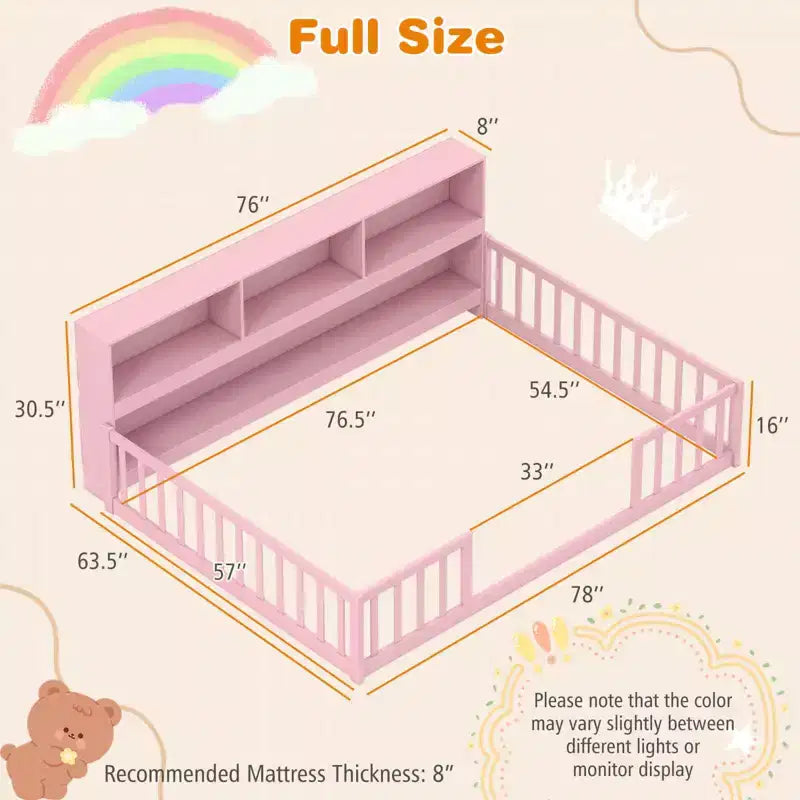 Costway Full Size Montessori Floor Bed with Bookcase Storage Shelves & Safety Fence Rails Pink/Natural/White/Gray