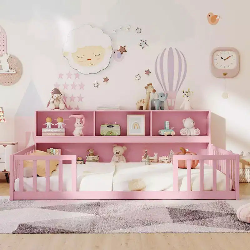 Costway Full Size Montessori Floor Bed with Bookcase Storage Shelves & Safety Fence Rails Pink/Natural/White/Gray