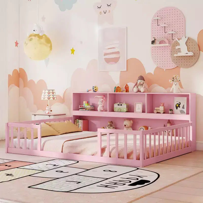 Costway Full Size Montessori Floor Bed with Bookcase Storage Shelves & Safety Fence Rails Pink/Natural/White/Gray