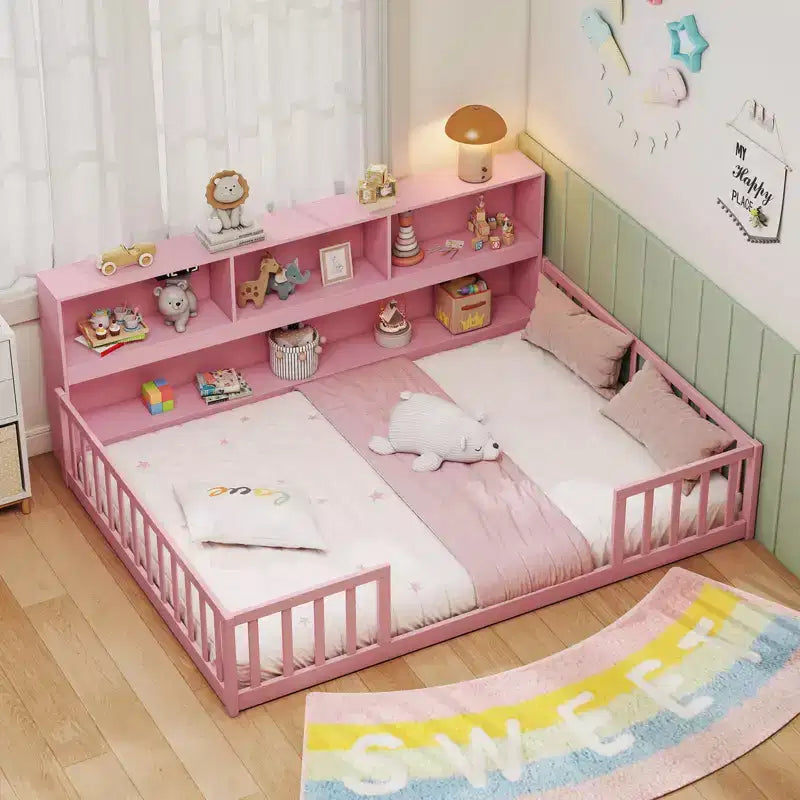 Costway Full Size Montessori Floor Bed with Bookcase Storage Shelves & Safety Fence Rails Pink/Natural/White/Gray