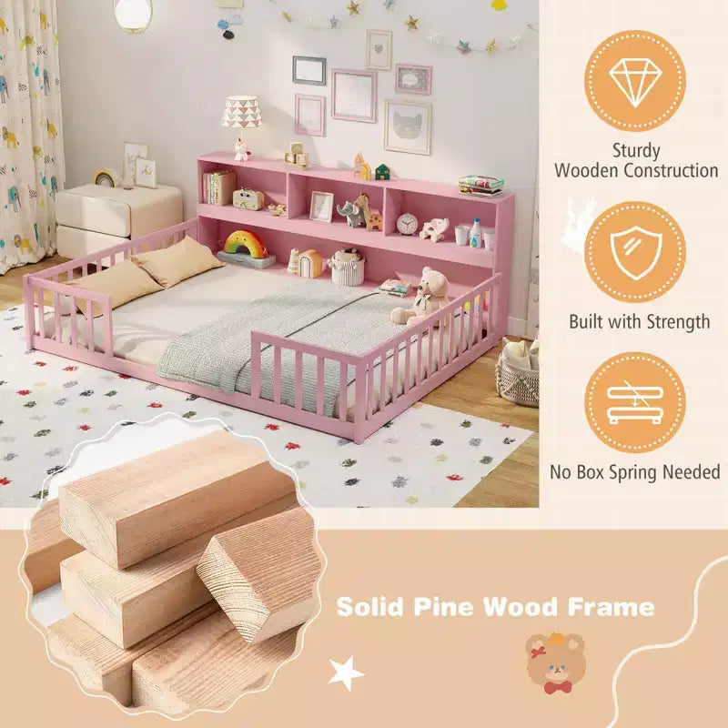 Costway Full Size Montessori Floor Bed with Bookcase Storage Shelves & Safety Fence Rails Pink/Natural/White/Gray