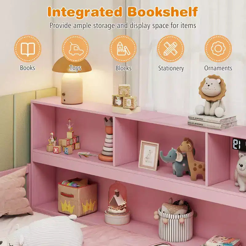 Costway Full Size Montessori Floor Bed with Bookcase Storage Shelves & Safety Fence Rails Pink/Natural/White/Gray