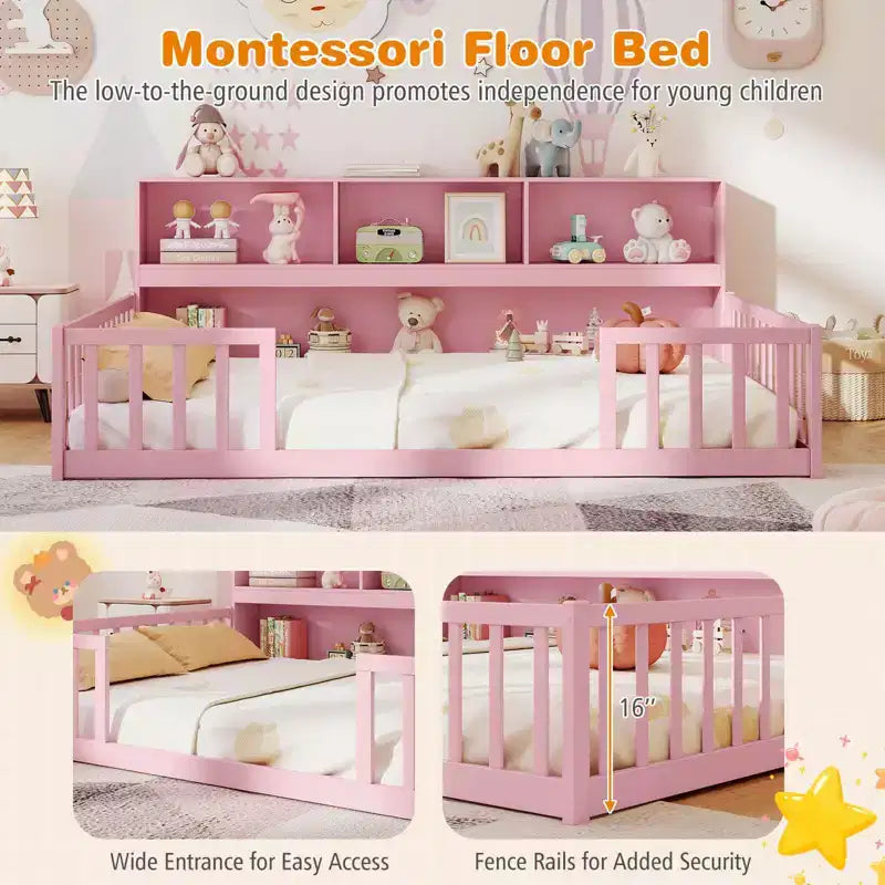 Costway Full Size Montessori Floor Bed with Bookcase Storage Shelves & Safety Fence Rails Pink/Natural/White/Gray