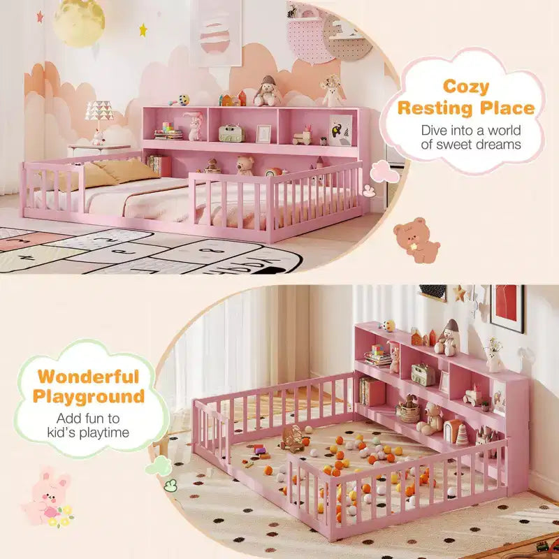 Costway Full Size Montessori Floor Bed with Bookcase Storage Shelves & Safety Fence Rails Pink/Natural/White/Gray