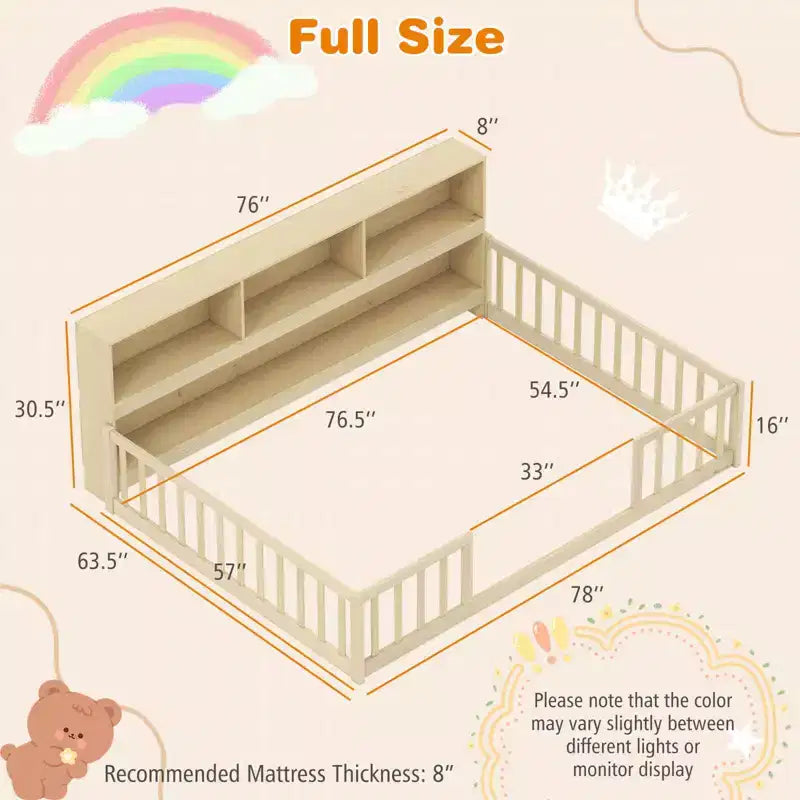 Costway Full Size Montessori Floor Bed with Bookcase Storage Shelves & Safety Fence Rails Pink/Natural/White/Gray